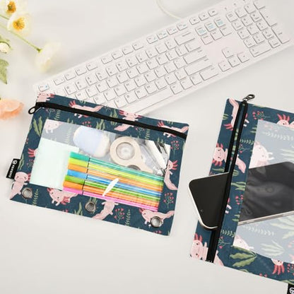 Emelivor Cute Salamander Pencil Pouch for 3 Ring Binder 2 Pack Binder Pencil Case with Clear Window Pencils Bags with Zipper for Office Daily College Home Supplies - color: 19-Cute Salamander
