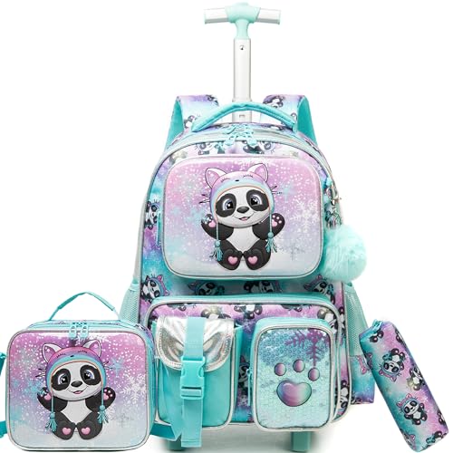 Meetbelify Kids Rolling Backpack with Wheels for Girls Rolling Backpacks with Lunch Box for Elementary School Students 3 in 1 Cute Panda Travel Luggage Suitcase for Girls Age 8-10 - color: Girl Panda