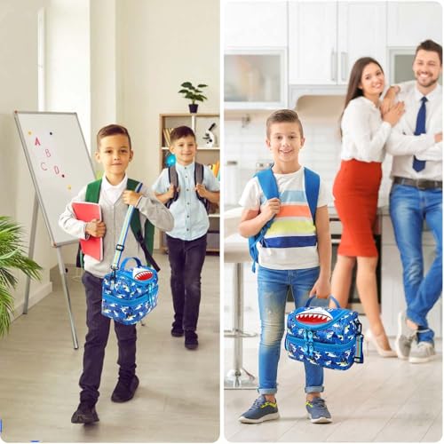 RHCPFOVR Kids Lunch Bag - Double - Decker Cooler Insulated Lunch Box for Boys Girls,Washable Lunch Bag and Reusable Toddler Lunchbox for School and Daycare - color: Blue Shark