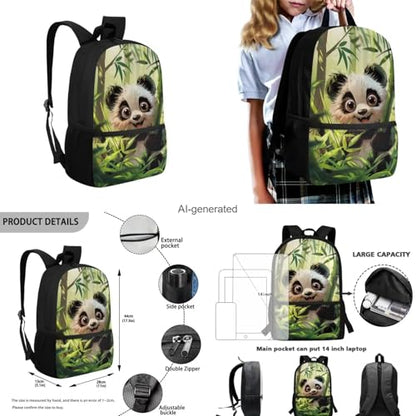 Panda Backpack for Girls Boys Backpack with Lunch Box Water Bottle Pouch and Kawaii Pencil Case 4PCS Set Cute Bookbag with Front Pocket for School 17 inch Large Sturdy School Bag for Kids - color: Bamboo Panda