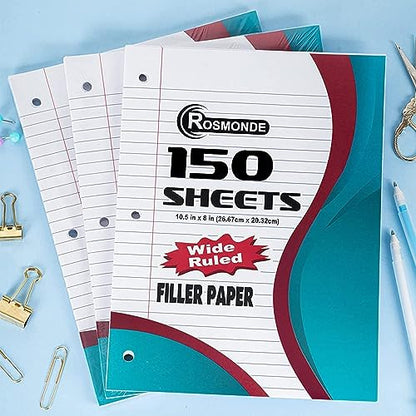 Rosmonde Loose Leaf Paper, 900 Sheets, 6 Pack, Wide Ruled Sheets, Combo, Spiral Notebooks, 6 Pack, 5 Subject Notebook, Wide Ruled, 150 Sheets (300 Pages), Assorted Colors, School, Home & Office