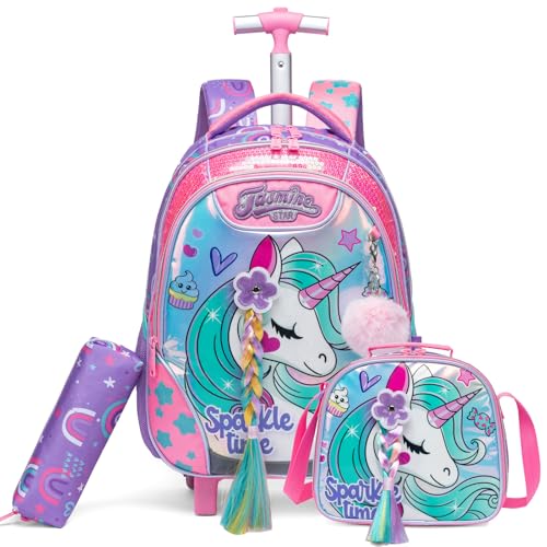 Kids Rolling Backpack for Girls Pigtailed Unicorn Trolley Suitcases Luggage with Wheels Bookbag Wheeled 3pcs on Lunch Box Pencil Case Elementary Teenagers Red for Girls Age 5-12 - color: Red-0130-bianzidjs