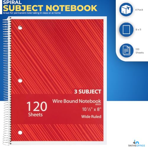 1InTheOffice Spiral Notebook College Ruled 11 x 8, 3-Subject College Ruled Notebooks, Wirebound Spiral Notebooks, 120 Sheets, Assorted Colors, 4 Pack