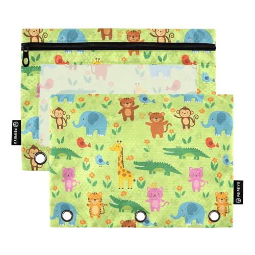 Emelivor Cartoon Animals Green Pencil Pouch for 3 Ring Binder 2 Pack Binder Pencil Case with Clear Window Pencils Bags with Zipper for Office Daily College Home Supplies - color: 31-Cartoon Animals