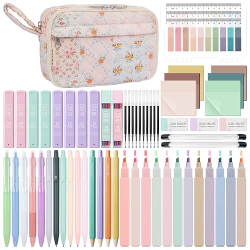 WOBAGMEN 62PCS Aesthetic School Supplies with Quilted Pencil Case, Pastel Highlighters, Gel Pens Mechanical Pencils Set, Cute Back to School Supplies, College Essentials(Coloful Patchwork, M) - color: Coloful Patchwork