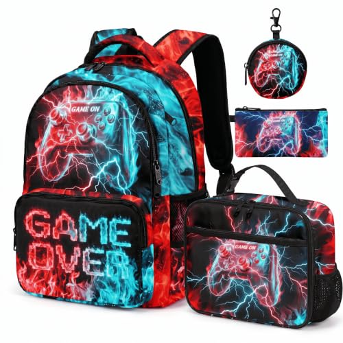 Game Backpack Set for Boys Kids – 17" Large Capacity Gaming School Bag with Lunch Box, Pencil Bag and Coin Purse (Blue&Red) - color: Blue&red-1