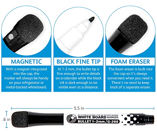 Glassboard Studio Black Fine Tip Dry Erase Markers Bulk 36-Pack with Magnetic Eraser Cap and Low Odor Ink for White Boards at School, Work, or Home