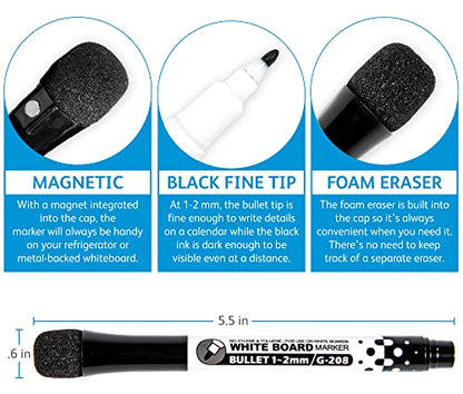 Glassboard Studio Black Fine Tip Dry Erase Markers Bulk 36-Pack with Magnetic Eraser Cap and Low Odor Ink for White Boards at School, Work, or Home