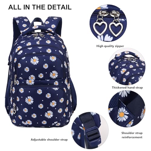 Glodwheat Daisy Printed Backpack For Girls- 3Pc Set With Lunch Box & Pencil Case, Lightweight Water-Resistant Bookbag For Elementary School - color: Navy