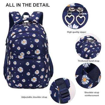 Glodwheat Daisy Printed Backpack For Girls- 3Pc Set With Lunch Box & Pencil Case, Lightweight Water-Resistant Bookbag For Elementary School - color: Navy