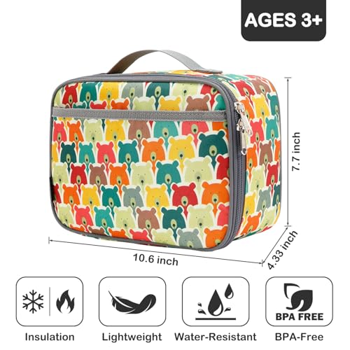 FlowFly Kids Lunch box Insulated Soft Bag Mini Cooler Back to School Thermal Meal Tote Kit for Girls, Boys, Bear - color: Bear
