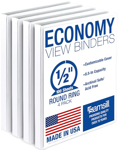 Samsill 0.5 Inch 3 Ring Binder, Economy Round Ring, Clear View Cover, 100 Sheet Capacity - for School, Home, Office - White, 4 Pack - color: White, size: 4-Pack, style: 0.5-Inch