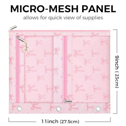 SKYDUE 3 Ring Pencil Pouch for Binder, Zipper Binder Pencil Pouch with 3 Pockets and Mesh Window, Durable Organizer for School Supplies, Cables, Earbuds, Makeup - color: Pinkbow