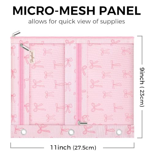 SKYDUE 3 Ring Pencil Pouch for Binder, Zipper Binder Pencil Pouch with 3 Pockets and Mesh Window, Durable Organizer for School Supplies, Cables, Earbuds, Makeup - color: Pinkbow