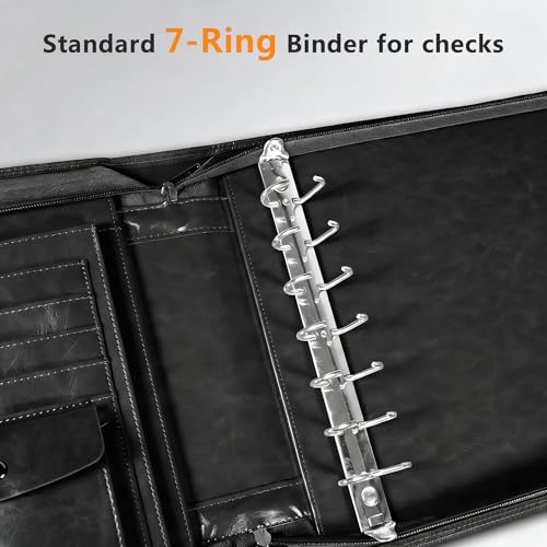 Toplive Zippered 7 Ring Business Checkbook Binder Extra-Large, 2Pack 7-Hole Pouch, 600 Checks Capacity, PU Leather Check Book Binder Cover with Multi-Pocket Design for Office & Business Use, Black