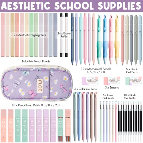 65PCS Aesthetic School Supplies Back to School Supplies Cute Stationary Set | College Essentials Kit with Pencil Case, Pastel Highlighters Gel Pens Mechanical Pencil Set 0.5 0.7 & 2.0mm for Student Girls - color: Purple Butterfly