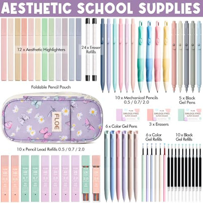 65PCS Aesthetic School Supplies Back to School Supplies Cute Stationary Set | College Essentials Kit with Pencil Case, Pastel Highlighters Gel Pens Mechanical Pencil Set 0.5 0.7 & 2.0mm for Student Girls - color: Purple Butterfly