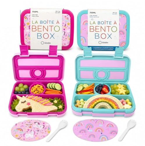 kinsho Bento Lunch Box Set for Small Kids, Snack and Meal Containers for Pre School or Daycare, 4 Compartments, BPA Free, 2 Pack Pink Unicorn + Rainbow - color: pink unicorn + rainbow