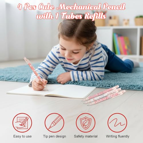 TIESOME Cute Pencil & Lead Refill Set, 4 Pcs Mechanical Pencil Cute, Peach 4 Mechanical Pencils Set for School, Office, Drawing and Gift (with 0.5mm Refills, Pink)