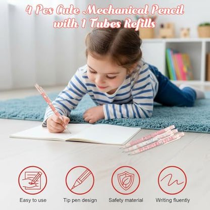 TIESOME Cute Pencil & Lead Refill Set, 4 Pcs Mechanical Pencil Cute, Peach 4 Mechanical Pencils Set for School, Office, Drawing and Gift (with 0.5mm Refills, Pink)