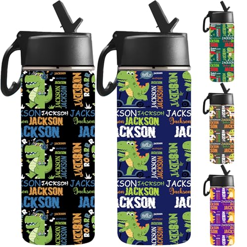 Personalized Water Bottles with Straw Lid, Custom Dinosaur Water Bottle Stainless Steel Insulated Cup with Name for Boys Girls - color: Color_01