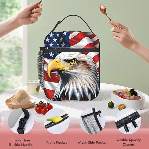 Insulated American Flag Eagle Lunch Bag, Reusable Cooler Tote with Handle | Portable lunch bag with insulated lining, side mesh pocket and spacious design for school, office, picnic and outdoor use - color: American Flag Eagle