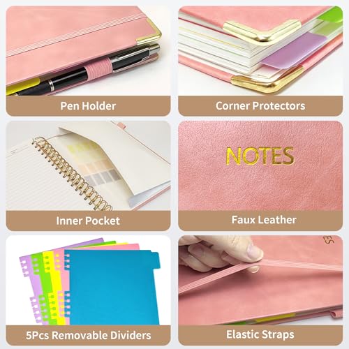 biguphate 1Pack Hardcover Spiral Notebook with Tab, Ruler & Removable Dividers, 300 Pages 8"x10" Large B5 Faux Leather Notebooks, 5 Subject Notebook College Ruled for Work, Home (Pink) - color: 1PACK-Pink