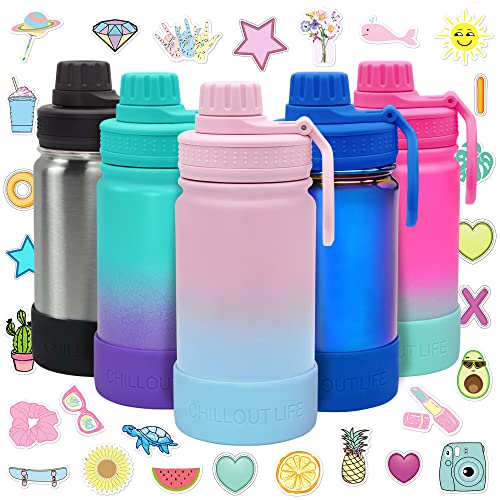 CHILLOUT LIFE 12oz Kids Insulated Stainless Steel Water Bottle with Leak Proof Spout Lid & 144 Stickers - color: Cotton Candy, style: 12 oz