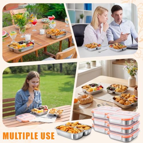 36 Pcs Stainless Steel Snack Container Set with Fork, Knife, Spoon & Chopsticks – 6 Pack 20.3 oz Leakproof Bento Snack Boxes, 2-compartment Food Storage Container for Fruit, Meal Prep & Travel - style: 3-compartments