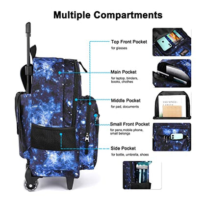 Rolling Backpack 18 inch Double Handle Wheeled Laptop Boys Girls Travel School Children Luggage Toddler Trip (Galaxy Blue) - color: Galaxy Blue