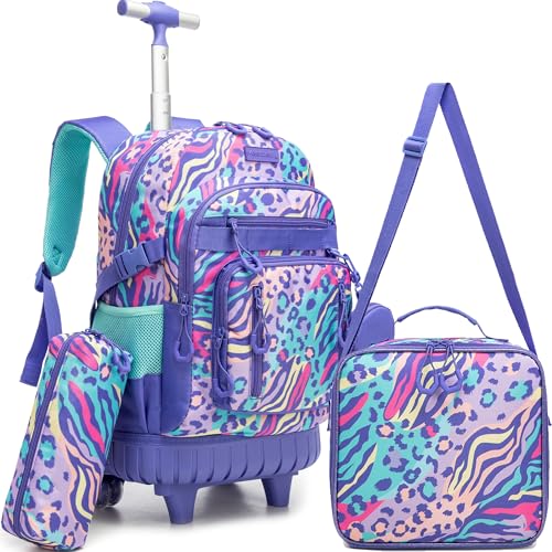 Kids Rolling Backpack Set with Lunch Bag,School Backpack for Girls with Wheels,Leopard Pattern Travel Backpacks for Kids Christmas Birthday Gift for Girls Ages 6-12 - color: Blue Purple Leopard