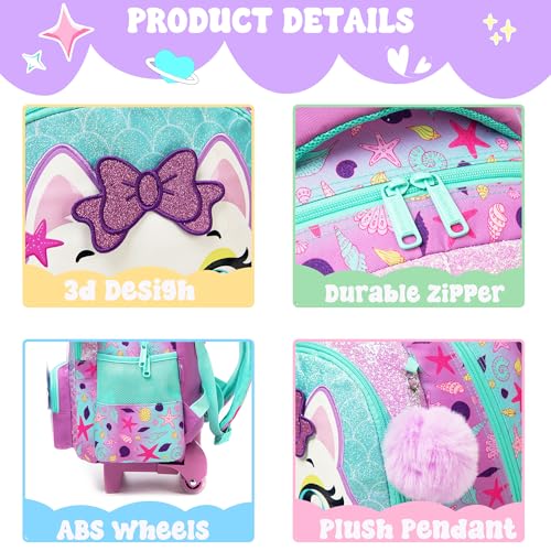 Meetbelify Cute Cat Rolling Backpack with Wheels for Elementary Preschool Students Kids Travel Luggage Carry on Backpack for Girls Ages 6-8 - color: 01 Mermaid Cat