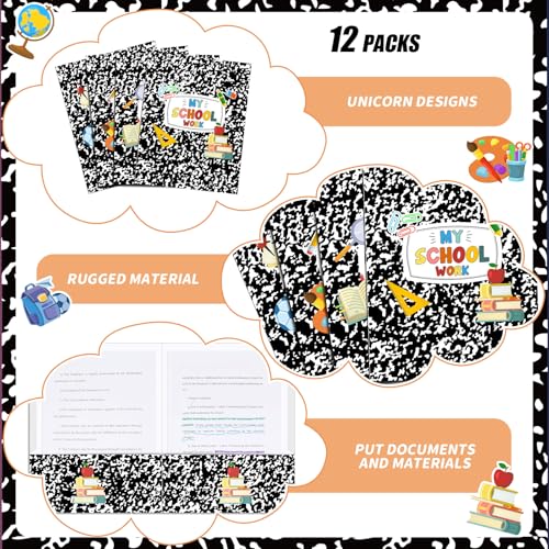 Kosiz 12 Pcs 9x12 Composition Book 2 Pocket Folder, Cute Marble Take Home File Bulk Kid Student Homework Paper File Folder for School Classwork Office Home Classroom Teacher Business Party Supply - style: Composition Book