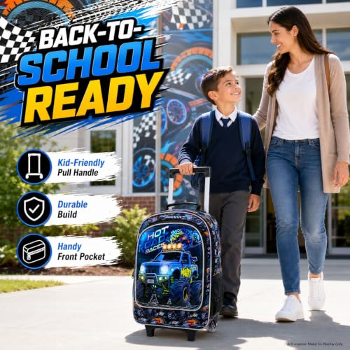 WZLVO 3PCS Boys Wheeled Backpack, 18" Truck Print Rolling Backpack for Kids, Includes Matching Lunch Bag & Pencil Bag - Blue Power Truck - color: 3PCS Boys Rolling Backpack - Blue Power Truck
