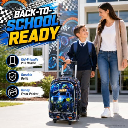WZLVO 3PCS Boys Wheeled Backpack, 18" Truck Print Rolling Backpack for Kids, Includes Matching Lunch Bag & Pencil Bag - Blue Power Truck - color: 3PCS Boys Rolling Backpack - Blue Power Truck