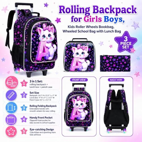 CCJPX 18" Cat Rolling Backpack for Girls, 3Pcs Kids Glow Wheels Bookbag with Lunch Box, Lightweight Roller School Bag for Elementary Preschool (Black) - color: A-star Cat(with Glowing Wheels)
