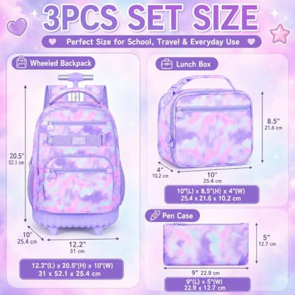 3Pcs Rolling Backpack for Girls Women, Travel Roller Backpacks with Wheels for Adults, Teens College Tie-Dye Wheeled Bookbag with Lunch Box(Purple) - color: Pink Purple