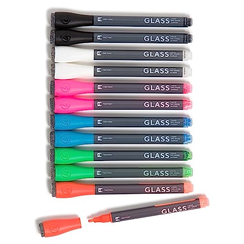U Brands Fine Tip Liquid Glass Whiteboard Markers with Eraser for Glass Boards, Dry Erase Boards, and Chalk Boards, Assorted Bright Colors, Set of 12 - style: Fine Tip Assorted