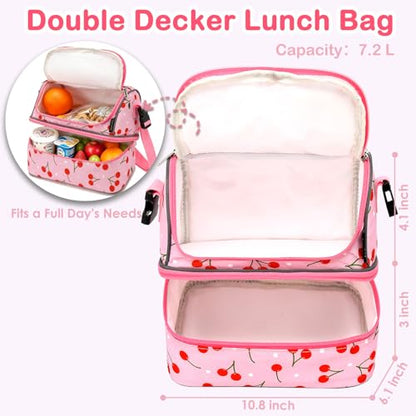 FlowFly Kids Double Decker Cooler Insulated Lunch Bag Large Tote for Boys, Girls, Men, Women, With Adjustable Strap, Cherry - color: Cherry