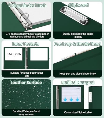 3 Ring Binder with Clipboard,1 Inch Binders with Notepad&5 Dividers with Pockets, Labels,PU Clipboards for School Office(Green,Letter Size) - color: Green, size: Letter Size - 1 Inch