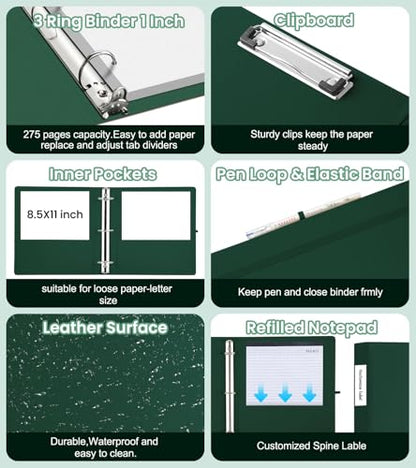 3 Ring Binder with Clipboard,1 Inch Binders with Notepad&5 Dividers with Pockets, Labels,PU Clipboards for School Office(Green,Letter Size) - color: Green, size: Letter Size - 1 Inch
