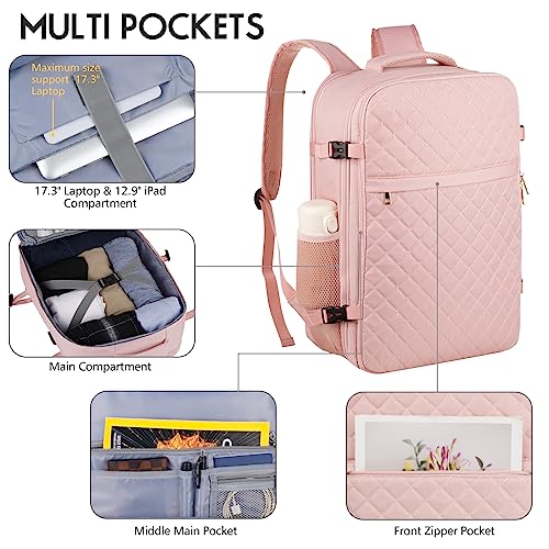 MOMUVO Large Travel Backpack Women, Flight Approved Carry On Backpack, Water Resistant Anti-Theft Large Casual Daypack Fit 17 Inch Laptop with USB Charging Port, Pink - color: Pink, size: 17.3 inch