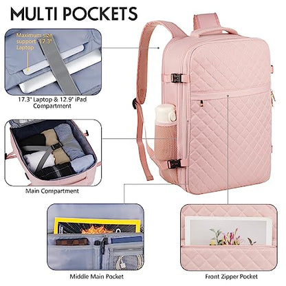 MOMUVO Large Travel Backpack Women, Flight Approved Carry On Backpack, Water Resistant Anti-Theft Large Casual Daypack Fit 17 Inch Laptop with USB Charging Port, Pink - color: Pink, size: 17.3 inch