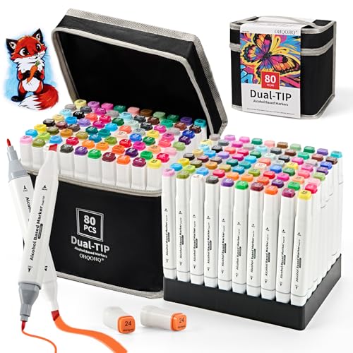 80 Colors Alcohol Markers Dual Tip Brush & Chisel Tips for Coloring Art | Alcohol based blendable ink, no bleed dual tip markers for adult coloring sketching drawing, safe for artists kids beginners - color: 80 colors pens