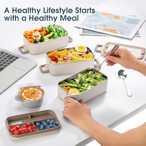 Bento Box Adult Lunch Box, Stackable 3 Layer 304 Stainless Steel Lunch box for Adults Kids Office, 3L Large Capacity Portable Lunch Box Containers with Soup Bowl Spoon and Fork - size: 3 Layers