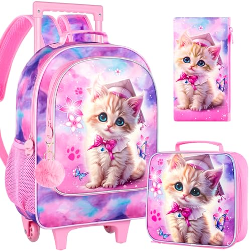 gxtvo Girls Rolling Backpack, Cute Cat Roller Wheels Kids Bookbag - Wheeled Elementary School Bag - 3PCS Cat - color: Dr.cat Rolling Set