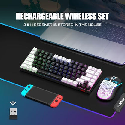 RedThunder K84 Wireless Keyboard and Mouse Combo, Rainbow Backlit Rechargeable Battery, 75% Layout TKL Ultra Compact Gaming Keyboard & Lightweight 3200 DPI Honeycomb Optical Mouse (Black-White) - color: Black White