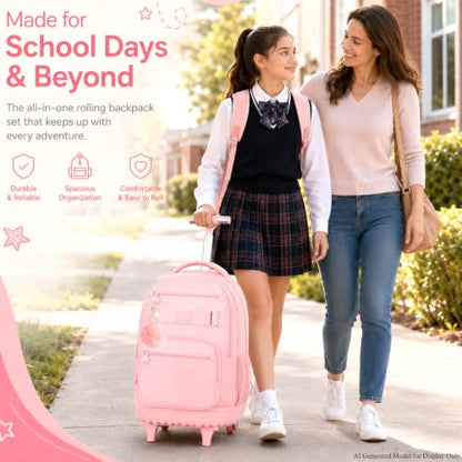 3Pcs Rolling Backpack for Girls Women, 19 Inche School Roller Backpacks with Wheels, Adults Wheeled Bookbag with Lunch Box(Pink) - color: Classic Pink