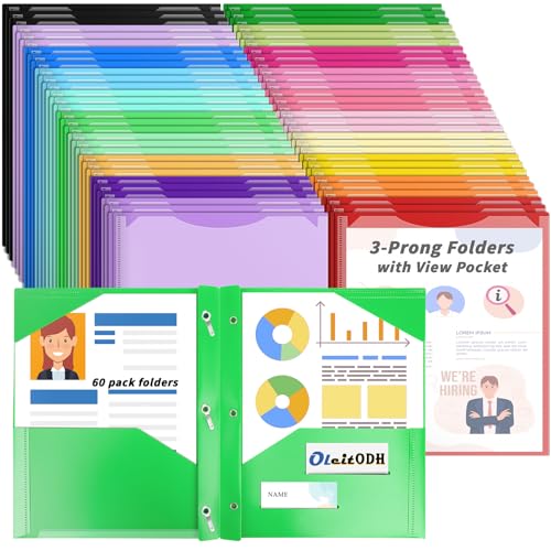 Oleitodh Plastic Folders with Pockets - 60 Pack 20 Colors & 2 Pocket Folder Bulk with 2 Business Card Slots, Heavy Duty File Folders for School Home Office and Business - style: 3-Prong with View Pocket Style