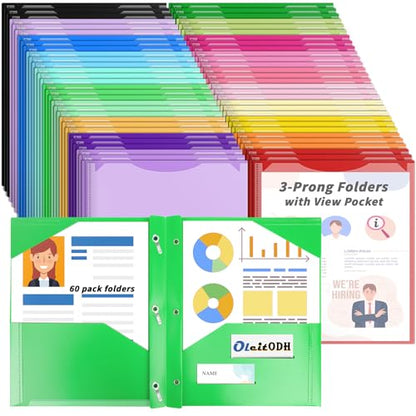 Oleitodh Plastic Folders with Pockets - 60 Pack 20 Colors & 2 Pocket Folder Bulk with 2 Business Card Slots, Heavy Duty File Folders for School Home Office and Business